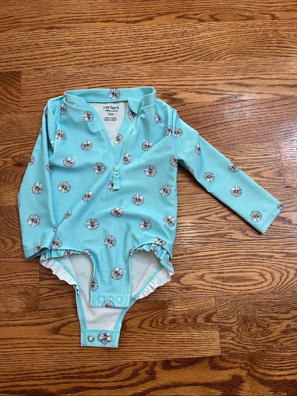 Carter's Aqua Daisy Zip Front Long Sleeve Swimsuit